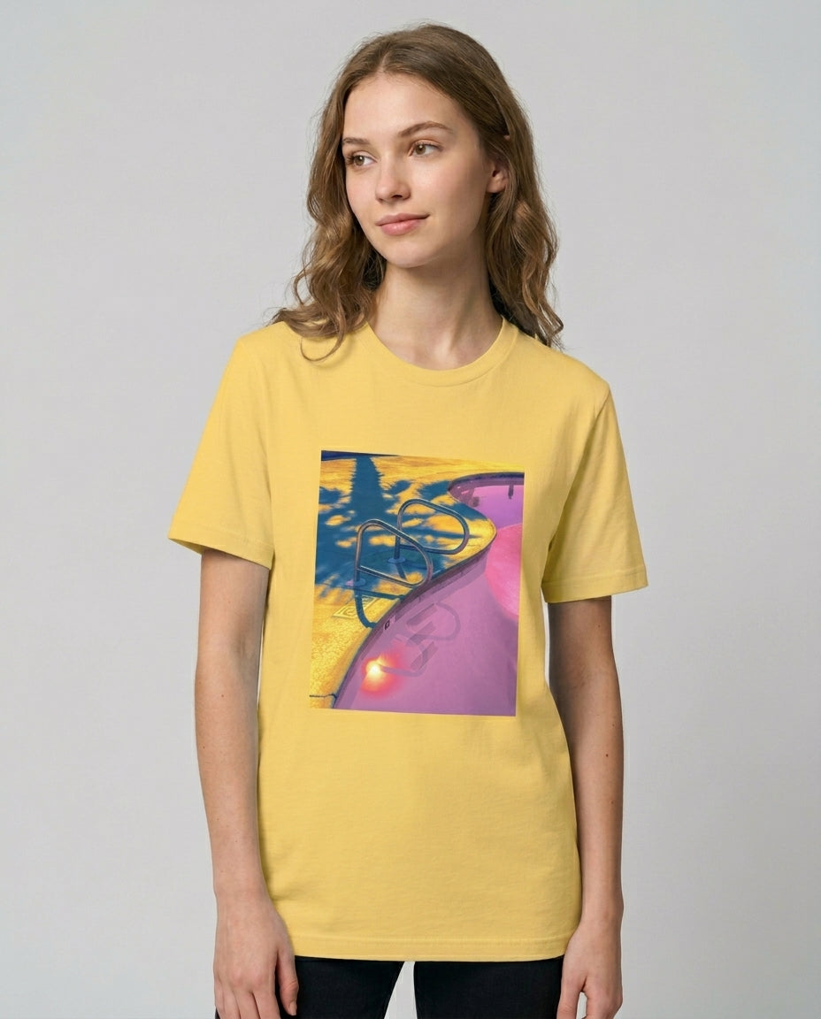 retro americana swimming pool fine art graphic tee in yellow — pink gold and teal photography print — women's unisex fit — Nathan Head Photography