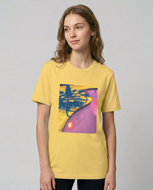 retro americana swimming pool fine art graphic tee in yellow — pink gold and teal photography print — women's unisex fit — Nathan Head Photography