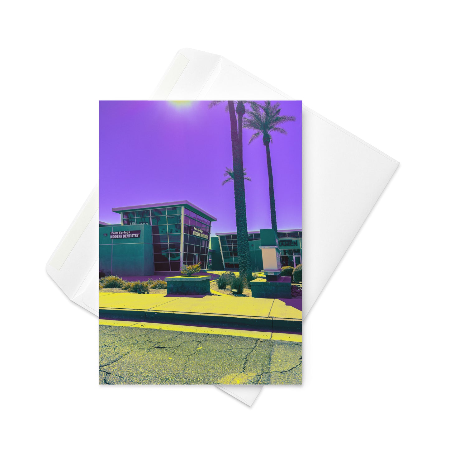 Greeting card with a building and palm trees on a purple sky background
