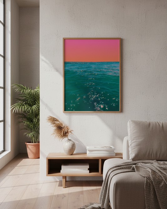 Large Nathan Head coastal photography print in a living room — bold pink sky and deep teal ocean above a console table