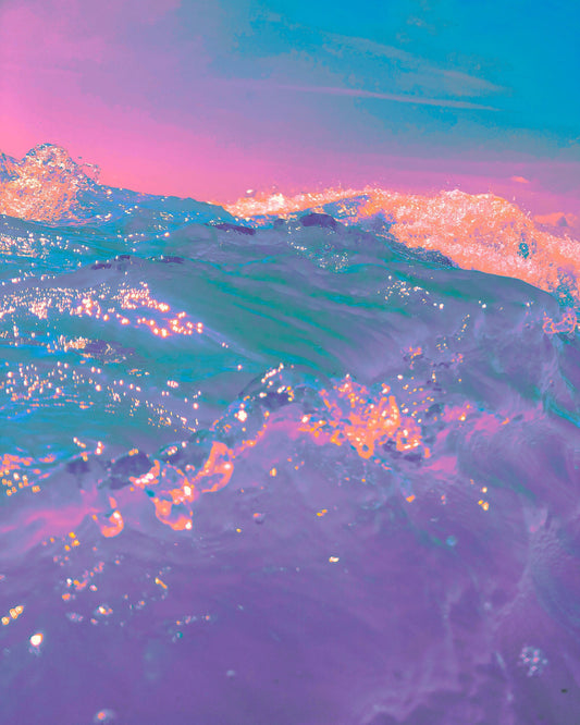 'You Know Where To Find Me' by Nathan Head — vivid pink and teal wave photograph shot at Bournemouth beach, the piece that defined his signature ocean photography style