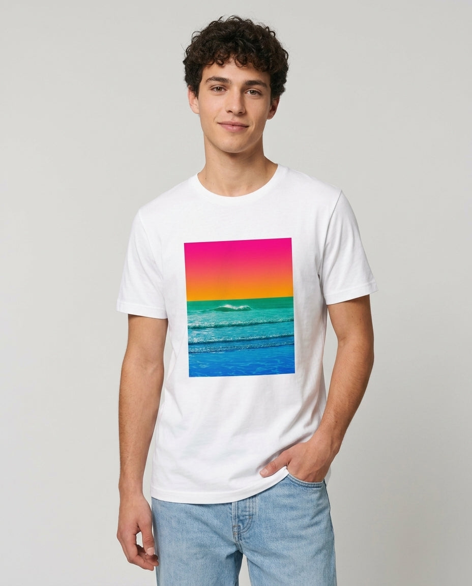 retro sunset ocean fine art graphic tee in white — pink orange and teal coastal photography print — men's unisex fit — Nathan Head Photography