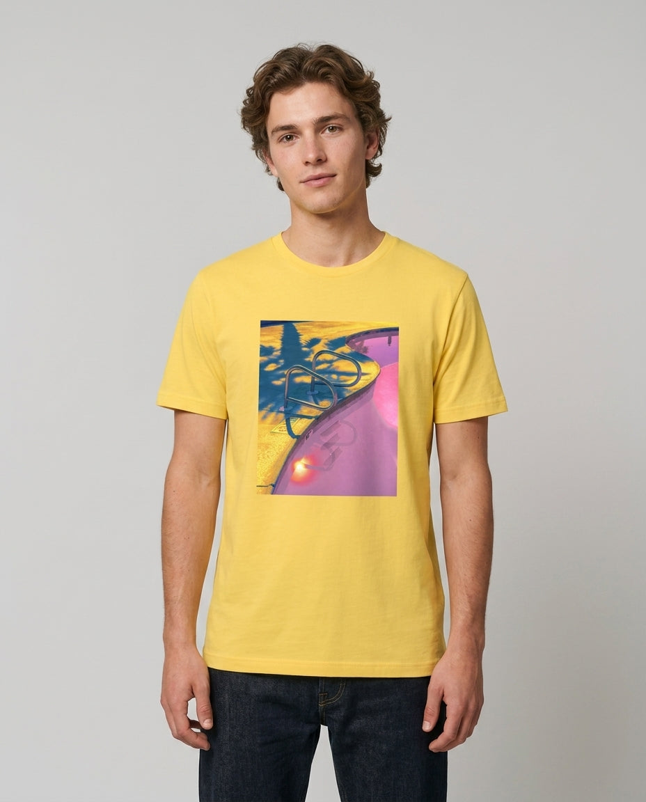retro americana swimming pool fine art graphic tee in yellow — pink gold and teal photography print — men's unisex fit — Nathan Head Photography