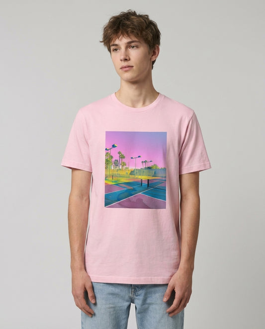 retro americana tennis court fine art graphic tee in soft pink — purple pink and yellow photography print — men's unisex fit — Nathan Head Photography