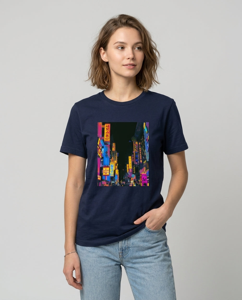 neon city street fine art graphic tee in navy — pink orange and yellow Seoul night photography print — women's unisex fit — Nathan Head Photography
