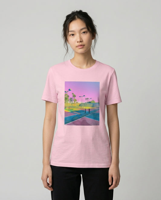 retro americana tennis court fine art graphic tee in soft pink — purple pink and yellow photography print — women's unisex fit — Nathan Head Photography