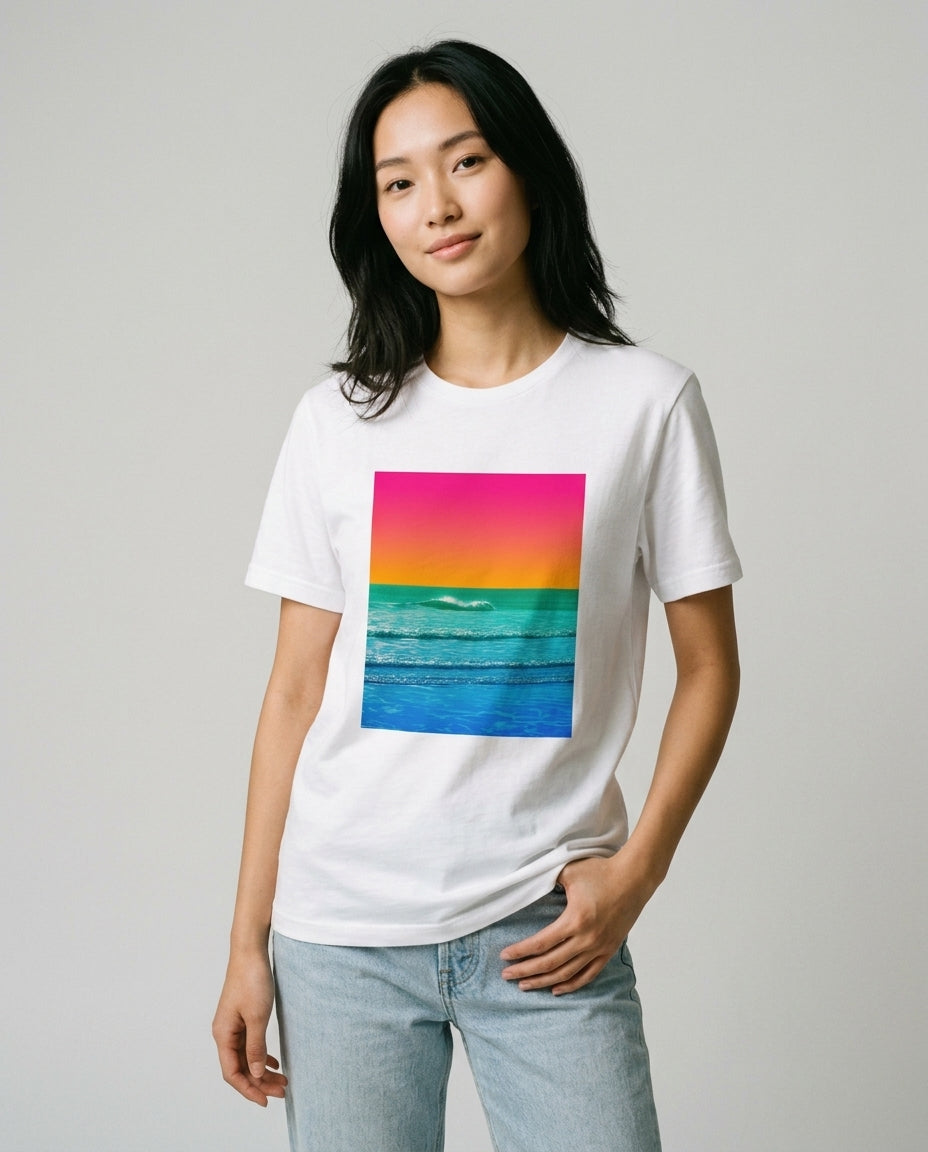 retro sunset ocean fine art graphic tee in white — pink orange and teal coastal photography print — women's unisex fit — Nathan Head Photography