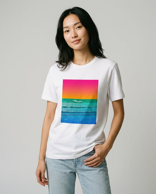 retro sunset ocean fine art graphic tee in white — pink orange and teal coastal photography print — women's unisex fit — Nathan Head Photography