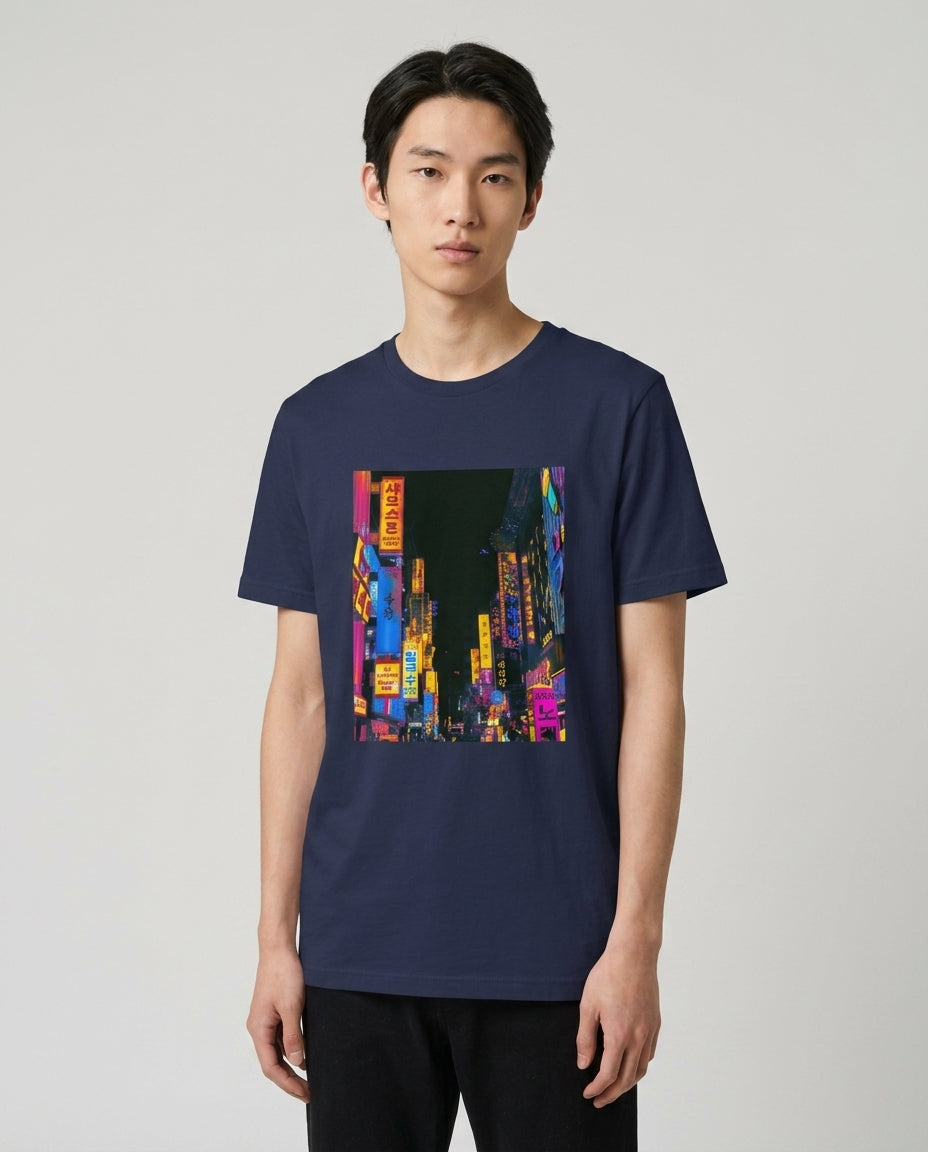 neon city street fine art graphic tee in navy — pink orange and yellow Seoul night photography print — men's unisex fit — Nathan Head Photography