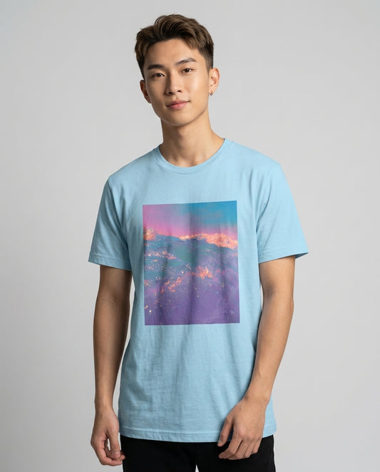 ocean wave fine art graphic tee in ocean blue — purple pink and gold coastal photography print — men's unisex fit — Nathan Head Photography