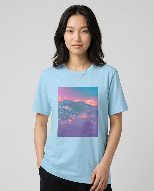 ocean wave fine art graphic tee in ocean blue — purple pink and gold coastal photography print — women's unisex fit — Nathan Head Photography