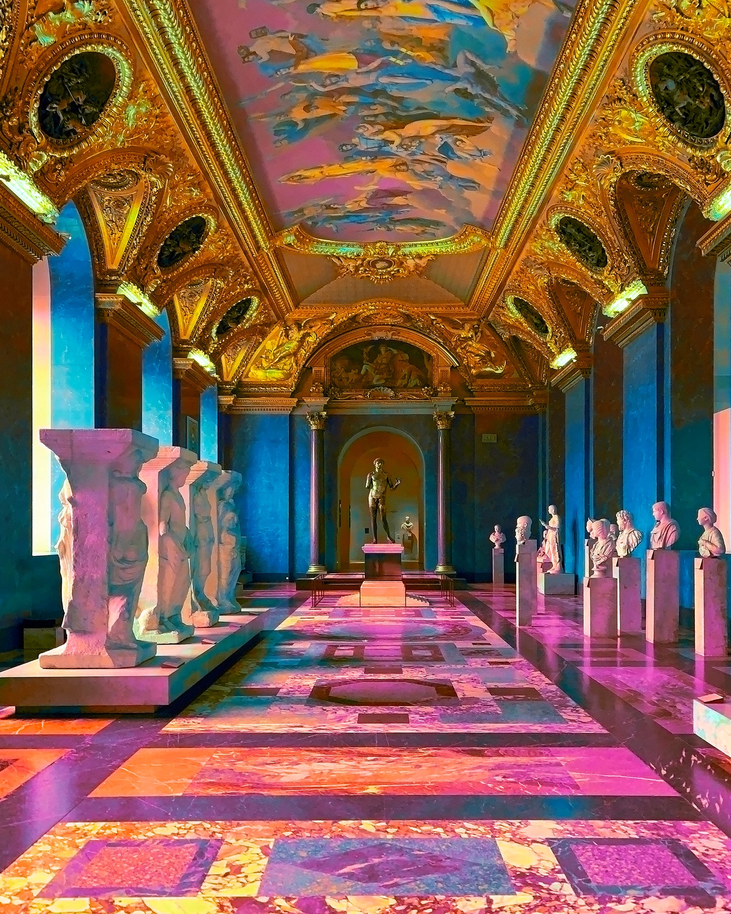 Decorative interior with statues and colorful ceiling