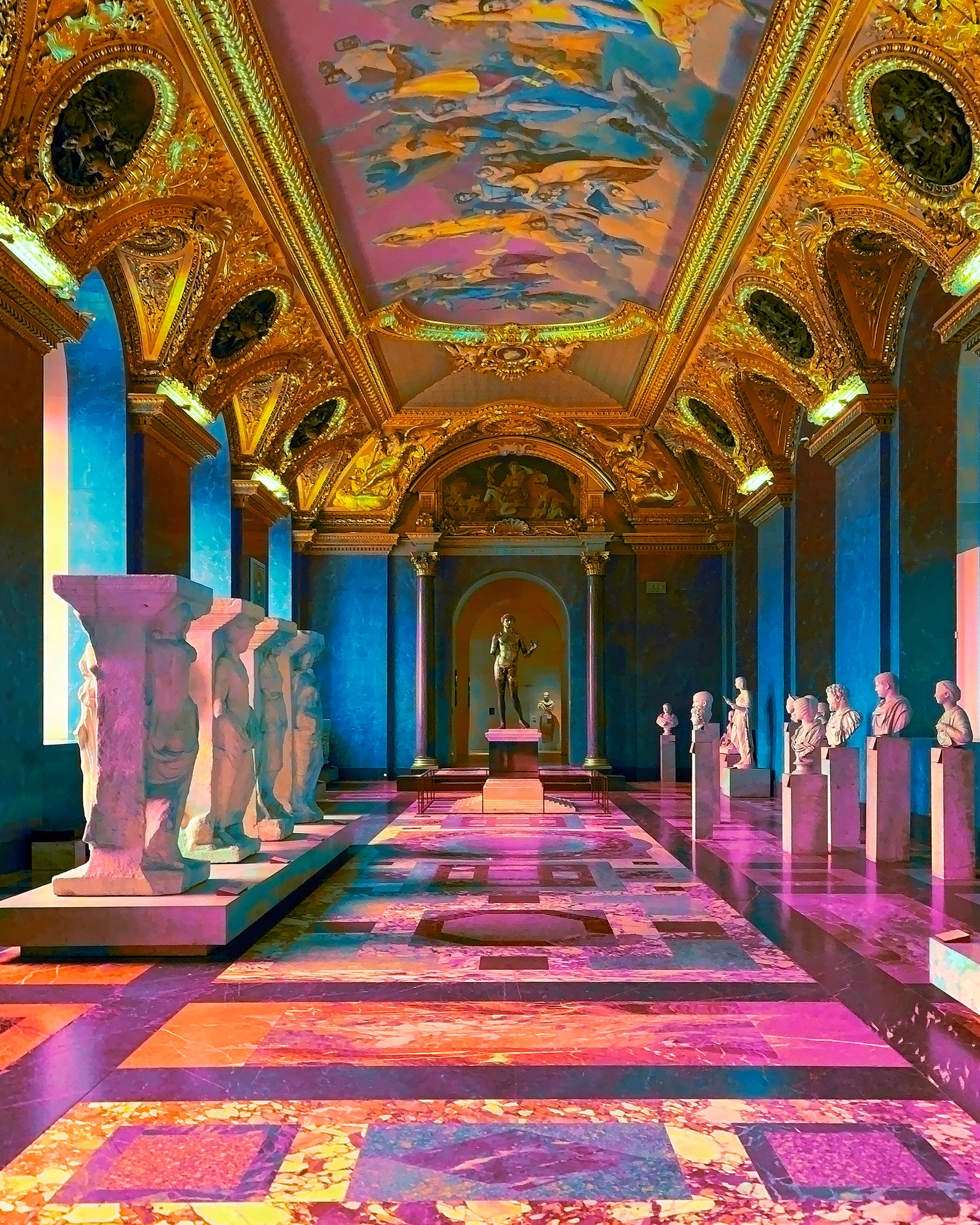 Decorative interior with statues and colorful ceiling