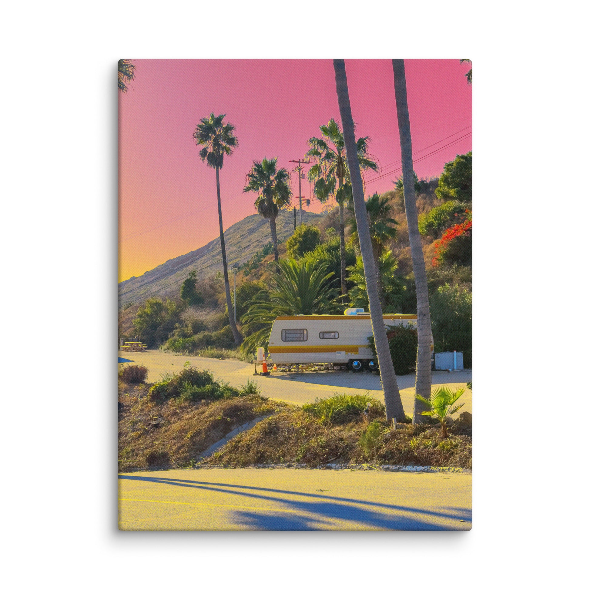 Trailer parked among palm trees with a pink sky