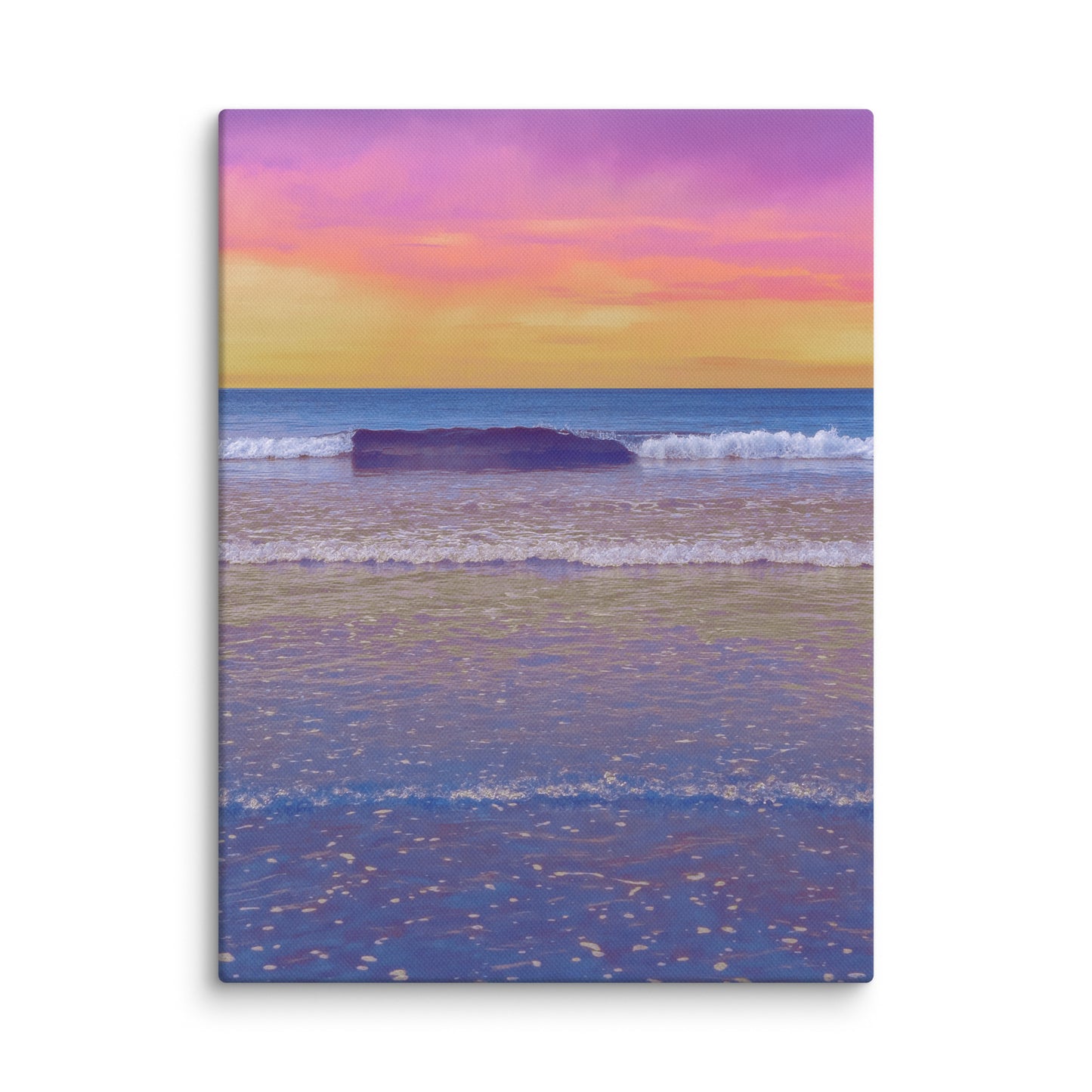 Canvas print of a beach scene with a colorful sunset sky.