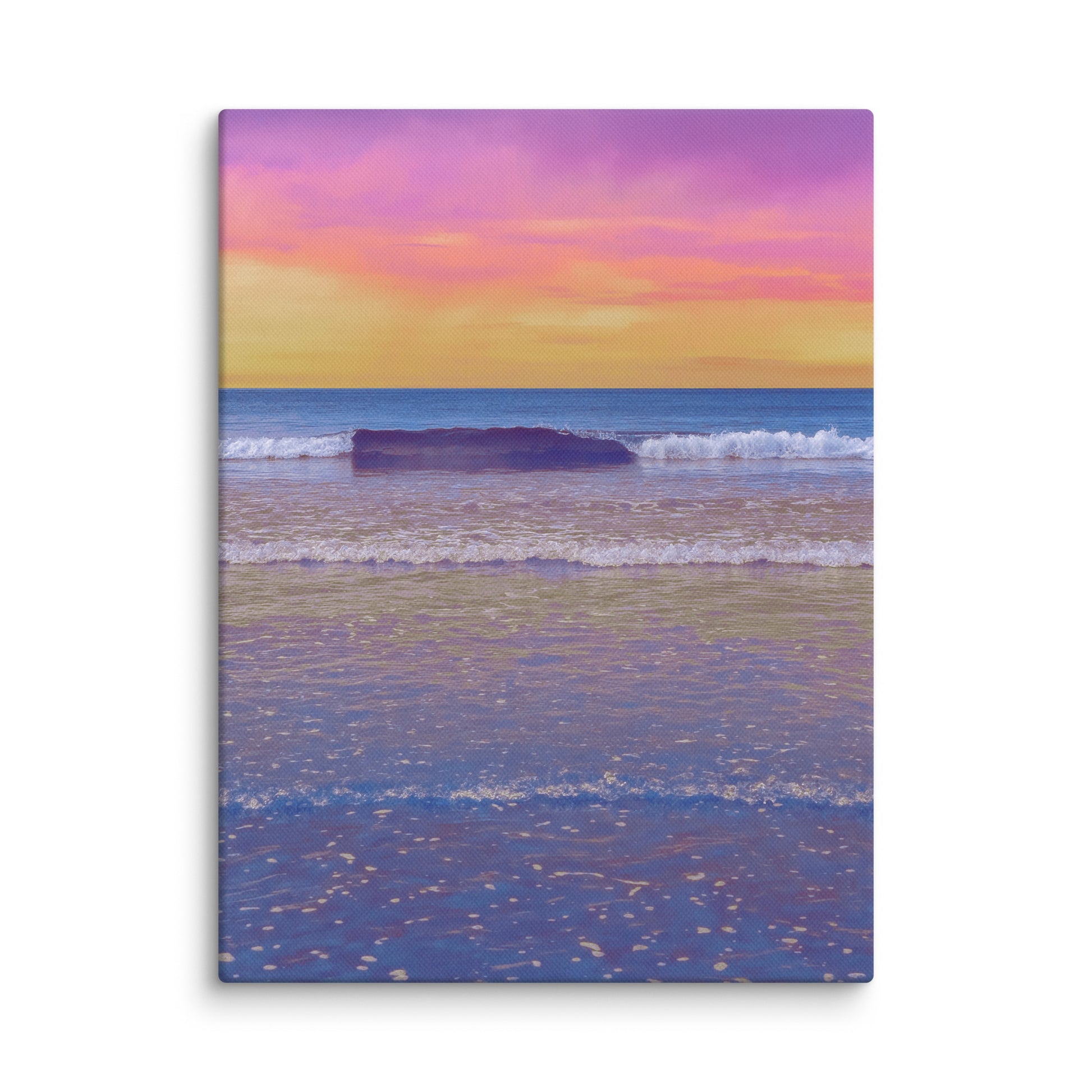 Canvas print of a beach scene with a colorful sunset sky.