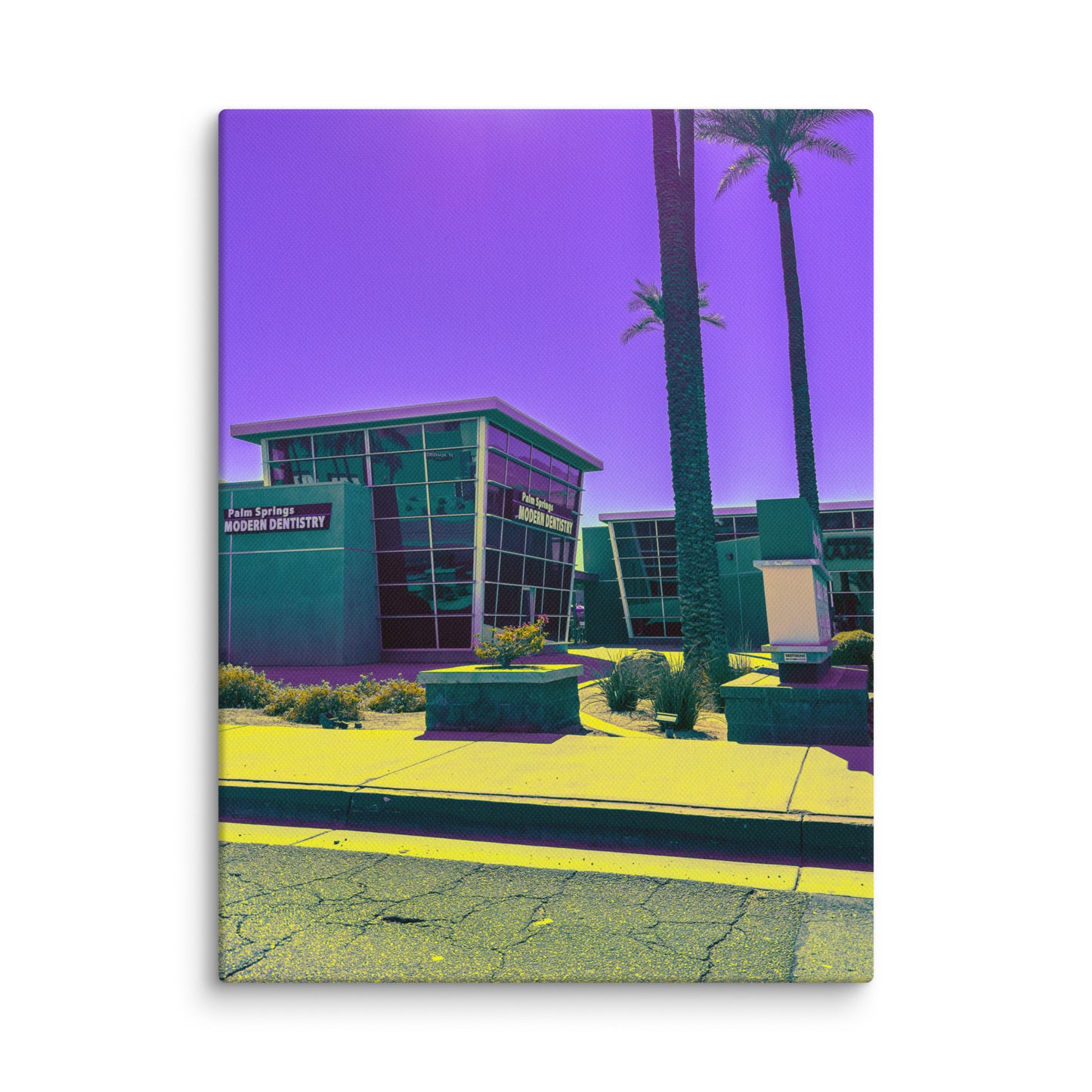 Building with a palm tree in front against a purple sky