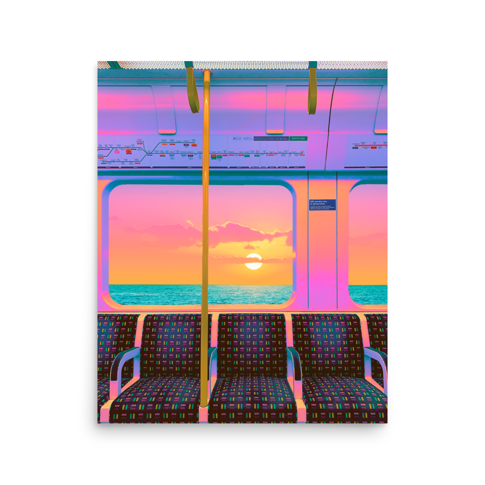 Futuristic train interior with colorful sunset view through window