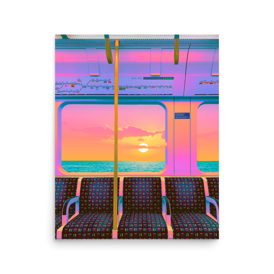 Futuristic train interior with colorful sunset view through window