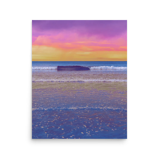 Beach scene with colorful sunset sky and ocean waves.