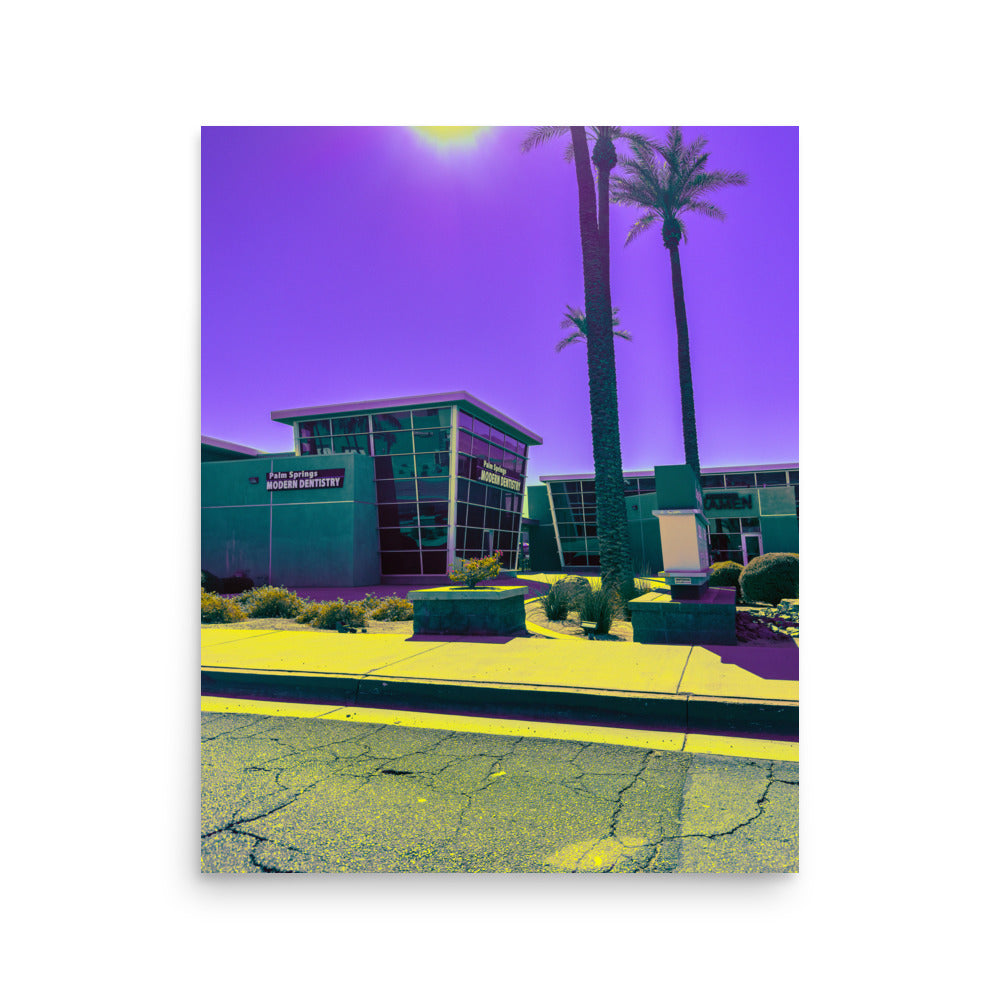 Modern building with palm trees under a purple sky