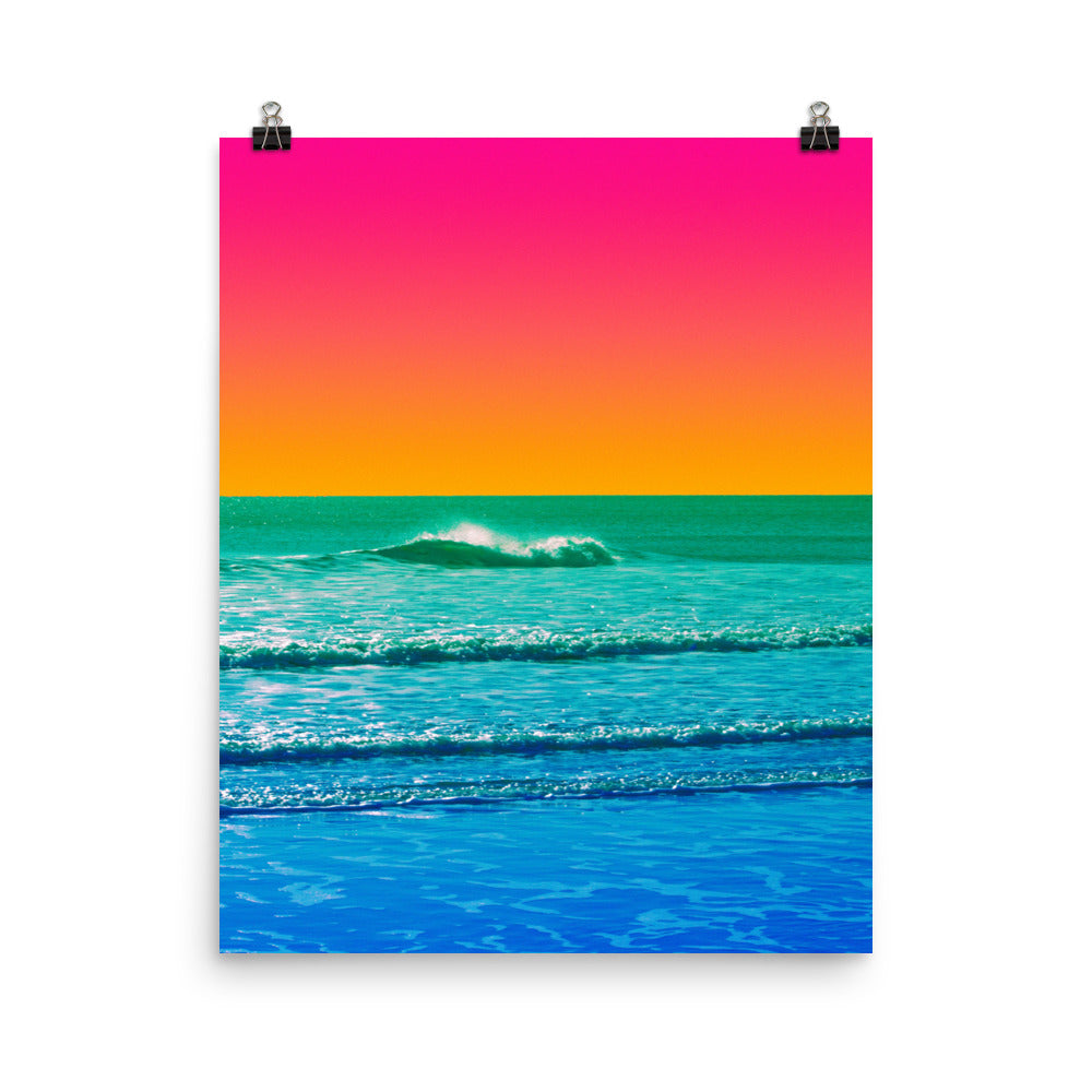 Poster print fine art seascape with no border, vivid blue and teal breaking waves under bold gradient sky of magenta pink orange and gold.