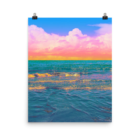 Unframed fine art coastal seascape print, pastel rainbow sky with billowing clouds above a gold-flecked teal ocean, living room or bedroom wall art.