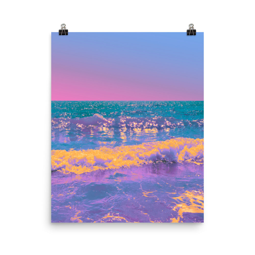 Framed fine art ocean photography print, purple and gold breaking waves with teal sea and pink-to-blue gradient sky, coastal living room wall decor