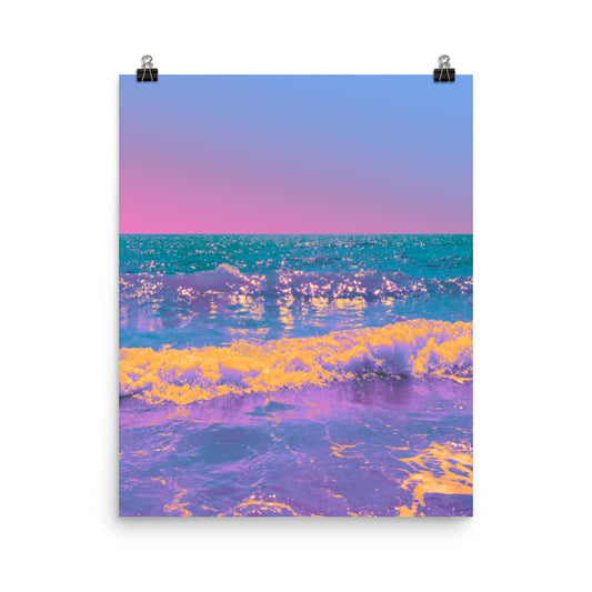 Framed fine art ocean photography print, purple and gold breaking waves with teal sea and pink-to-blue gradient sky, coastal living room wall decor