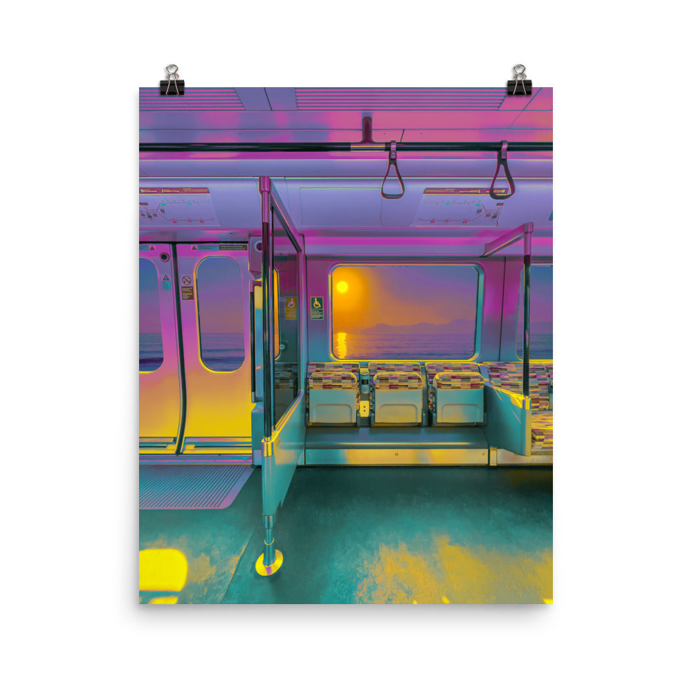 Fine art photography print of a surreal empty train interior bathed in pink and teal light, golden sun setting over a calm ocean visible through the window, vaporwave aesthetic wall art