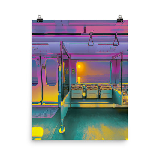 Fine art photography print of a surreal empty train interior bathed in pink and teal light, golden sun setting over a calm ocean visible through the window, vaporwave aesthetic wall art