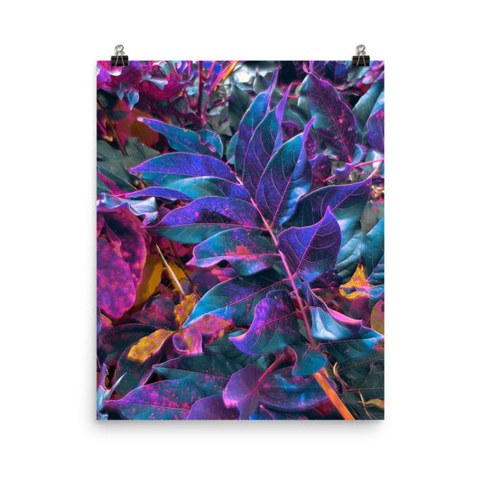 Fine art botanical poster print featuring teal and deep purple leaves with glowing pink edges and gold tones, surreal maximalist dark nature wall art