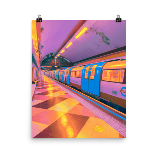 Fine art photography print of a London Underground platform, vivid neon pink and amber lighting with a blue and gold tube train, retro vaporwave colour palette, empty station perspective receding into the distance