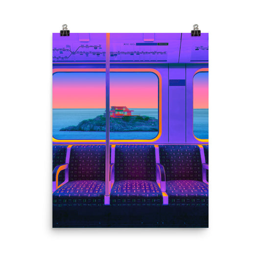 Framed fine art photography print of a London Underground District line carriage interior, purple and gold tones, with an ocean island sunset visible through the train windows, surreal collage style wall art for living room or home office​​​​​​​​​​​​​​​​