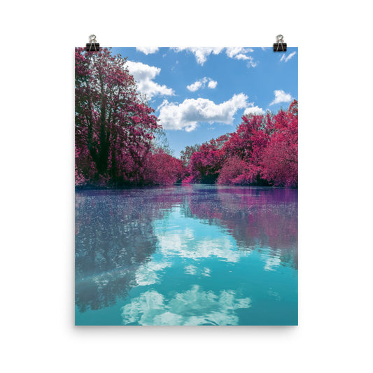 Framed fine art print of a teal river lined with vivid pink blossom trees, cloud reflections shimmering on the water surface, botanical nature wall art.​​​​​​​​​​​​​​​​