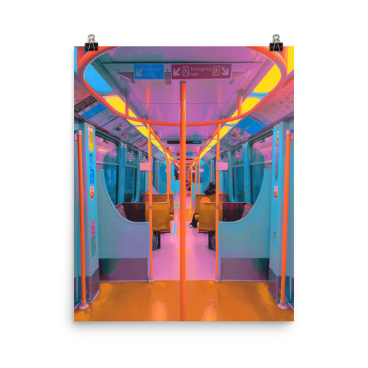 fine art photography print of a London Underground carriage interior, violet and amber light washing over teal walls and golden seats, minimal and cinematic, ideal for living room or home office walls.​​​​​​​​​​​​​​​​