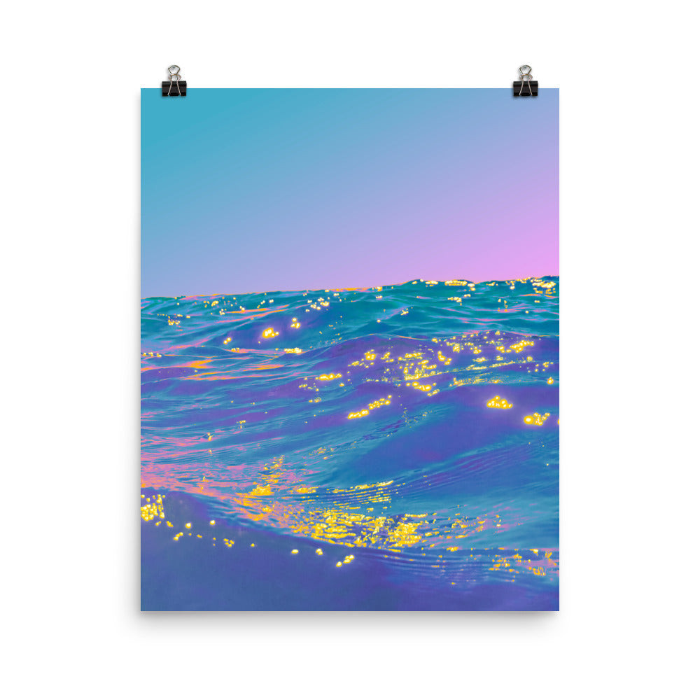 Fine art ocean print, teal and violet waves scattered with golden light reflections beneath a soft lilac sky, coastal wall art for living room or bedroom.​​​​​​​​​​​​​​​​