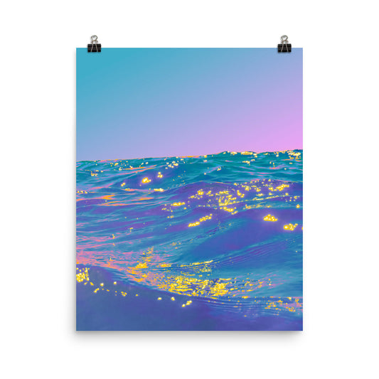 Fine art ocean print, teal and violet waves scattered with golden light reflections beneath a soft lilac sky, coastal wall art for living room or bedroom.​​​​​​​​​​​​​​​​