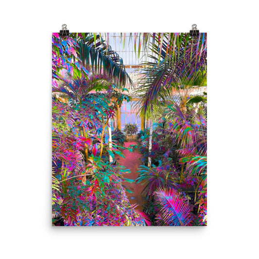  art print of a tropical glasshouse interior, iridescent pink, teal and green palm fronds and exotic foliage under Victorian ironwork and glass, bold chromatic botanical wall art for living room or bedroom