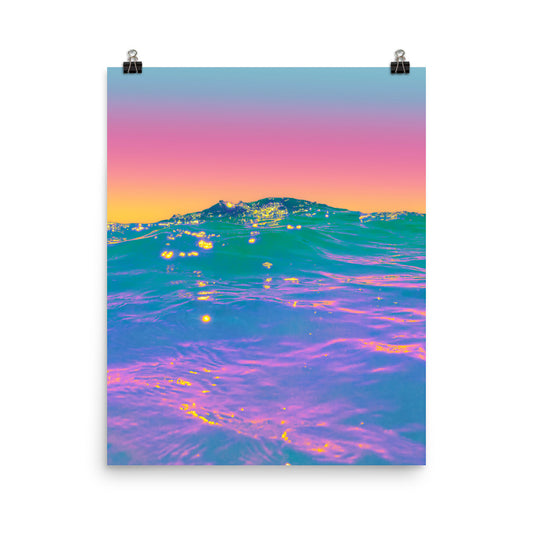 Unframed poster print of fine art ocean photography, pink and purple gradient sky above a glowing teal wave with golden light reflections, dreamy coastal wall art​​​​​​​​​​​​​​​​