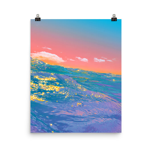 Poster print fine art ocean photography, teal and lavender waves with gold light reflections beneath a coral pink and blue sunset sky, coastal wall art​​​​​​​​​​​​​​​​