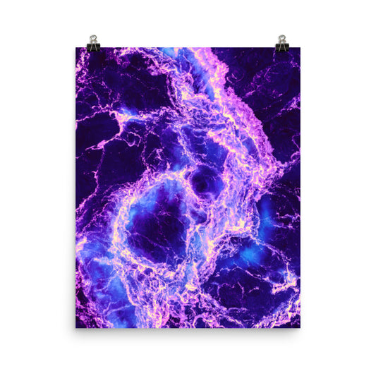 Unframed fine art poster print of swirling purple and blue ocean waves edged with gold light, abstract coastal photography for dark maximalist interiors.​​​​​​​​​​​​​​​​