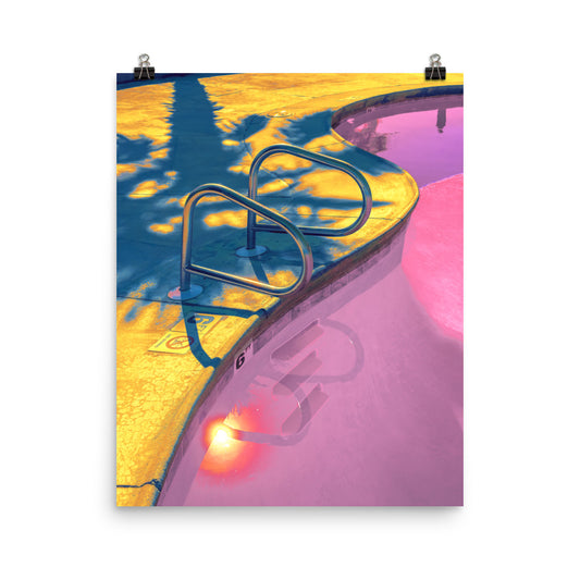 Unframed fine art poster print of a swimming pool entry ladder, pink water and gold poolside shadows, retro Americana wall art​​​​​​​​​​​​​​​​