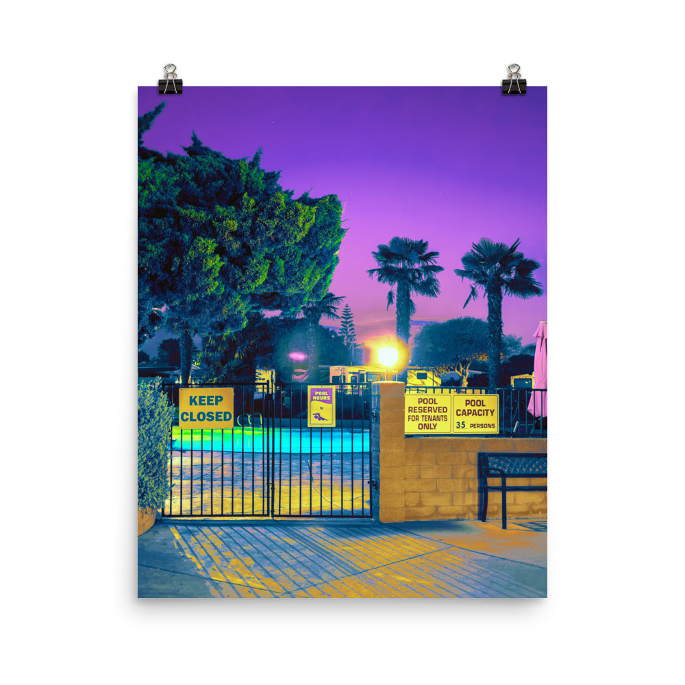 Unframed fine art photography poster print of a retro American pool gate at twilight, featuring electric purple sky, glowing amber light, teal-lit pool water, and palm tree silhouettes in yellow and deep blue tones, with vintage yellow pool signs reading Keep Closed and Pool Reserved for Tenants Only.​​​​​​​​​​​​​​​​