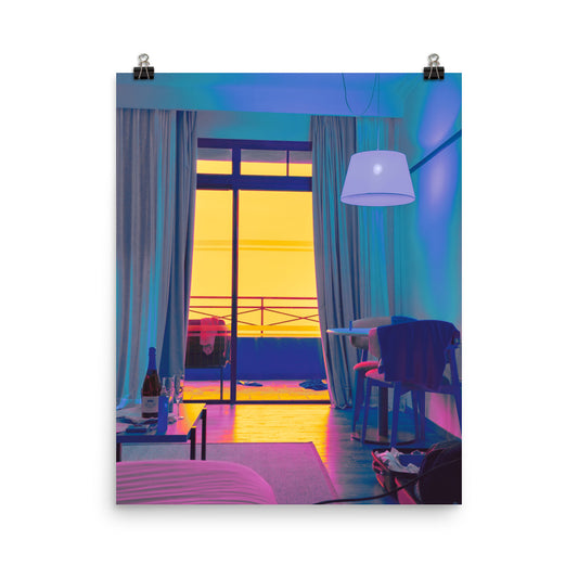 Unframed fine art interior photograph, warm amber sunset glowing through floor-to-ceiling glass doors against a cool blue-washed hotel room, with hanging pendant lamp and champagne bottle, contemporary living space context.