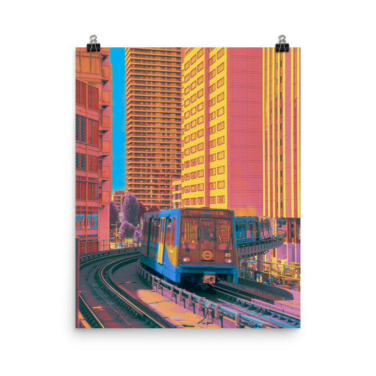 fine art urban photography print of a DLR train curving through Canary Wharf, saturated coral, gold and periwinkle tones washing over glass towers and elevated track, striking statement piece for a modern living room or office wall.