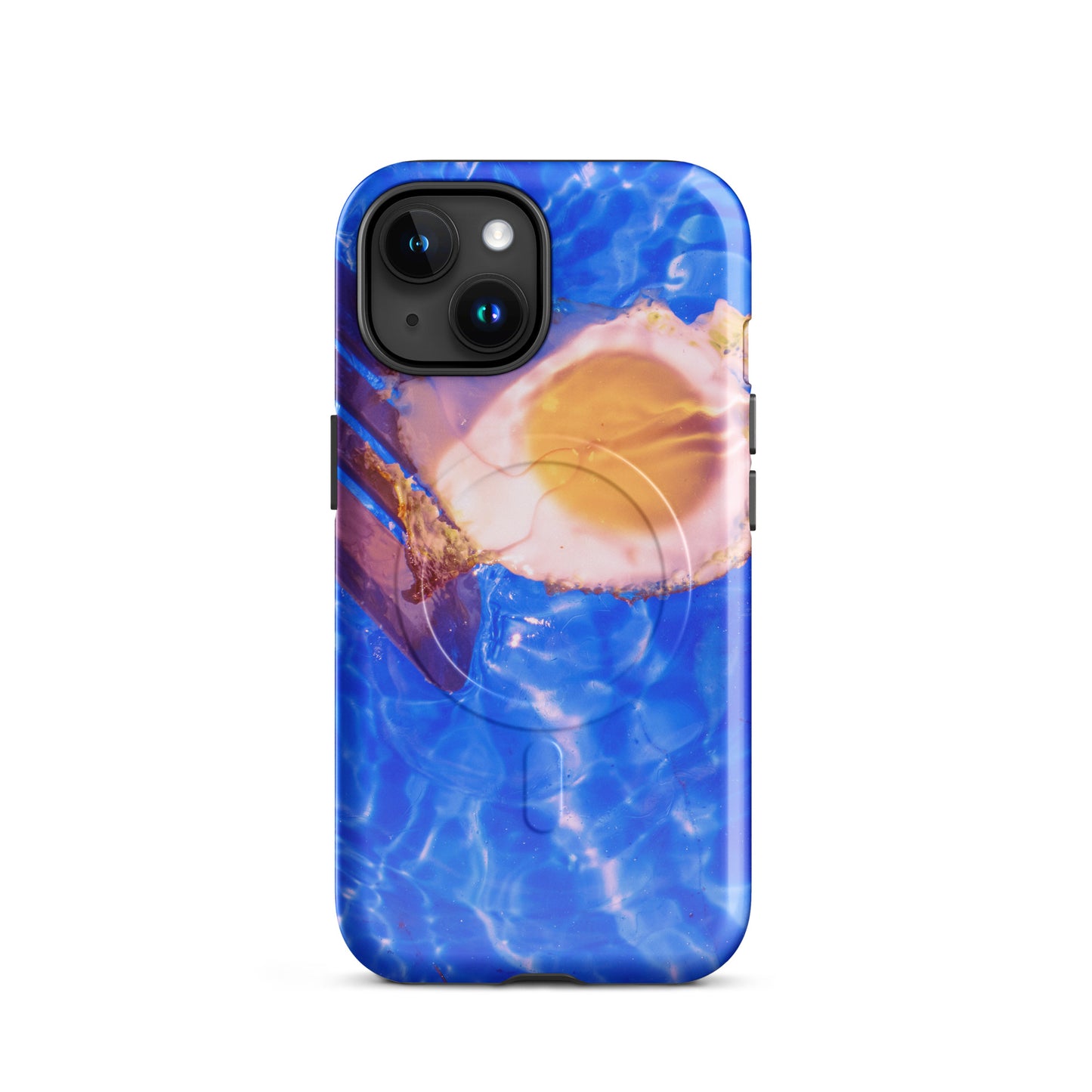 Phone case with an egg in water design on a blue background