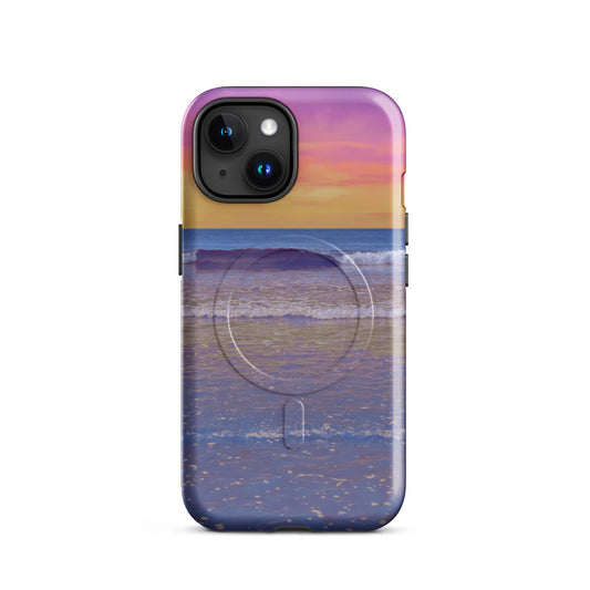 Phone case with a sunset over water design on a white background