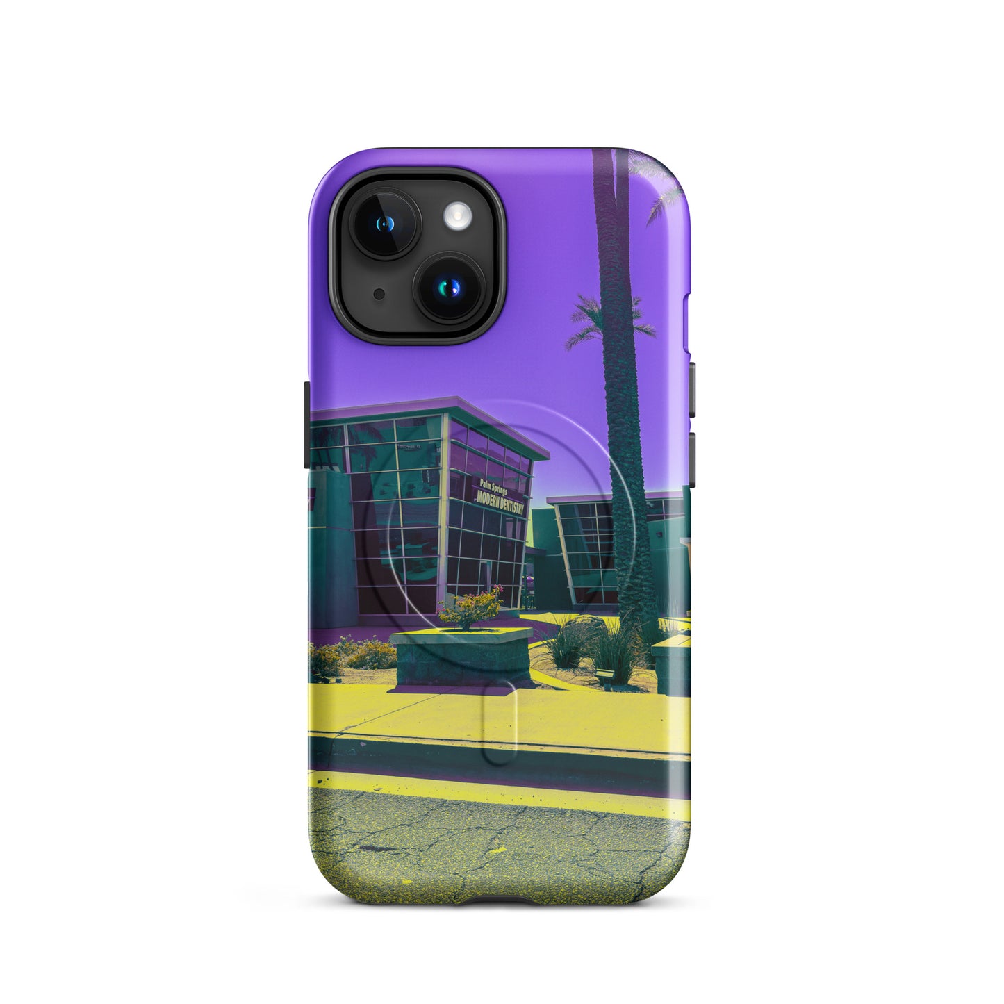 Phone case with a building and palm tree design on a white background