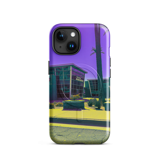 Phone case with a building and palm tree design on a white background